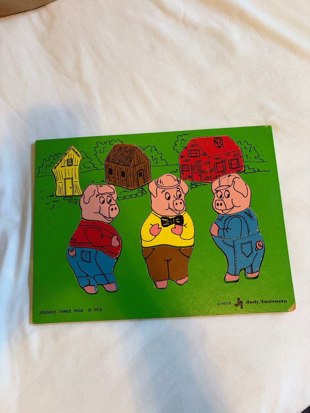 Vintage Three Little Pigs 12 Piece Wooden Frame Tray Puzzle Judy Instructo 1979